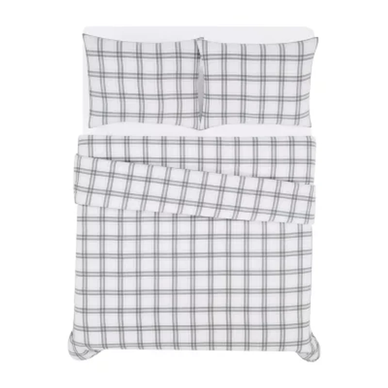 London Fog Grey Plaid Flannel Duvet Cover Set