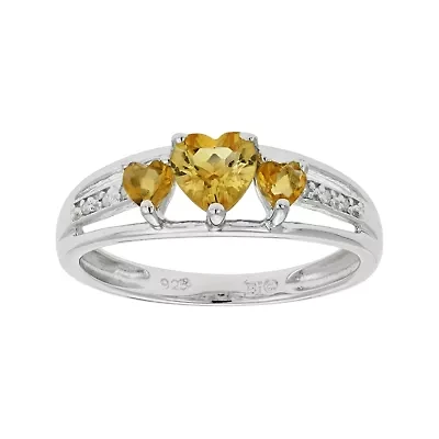 Genuine Citrine & Diamond-Accent Heart-Shaped 3-Stone Sterling Silver Ring