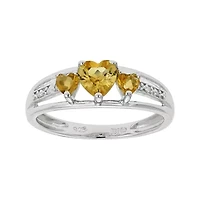Genuine Citrine & Diamond-Accent Heart-Shaped 3-Stone Sterling Silver Ring