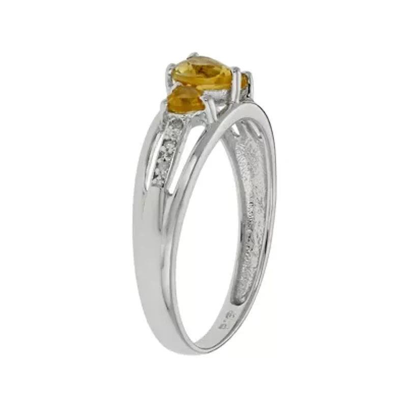 Genuine Citrine & Diamond-Accent Heart-Shaped 3-Stone Sterling Silver Ring