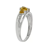 Genuine Citrine & Diamond-Accent Heart-Shaped 3-Stone Sterling Silver Ring