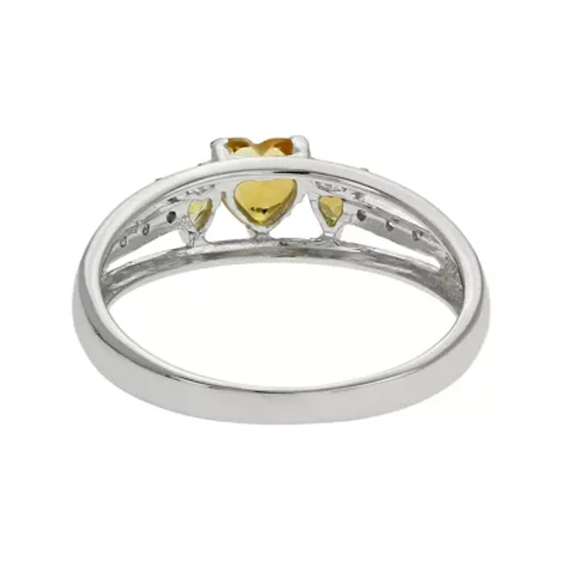 Genuine Citrine & Diamond-Accent Heart-Shaped 3-Stone Sterling Silver Ring
