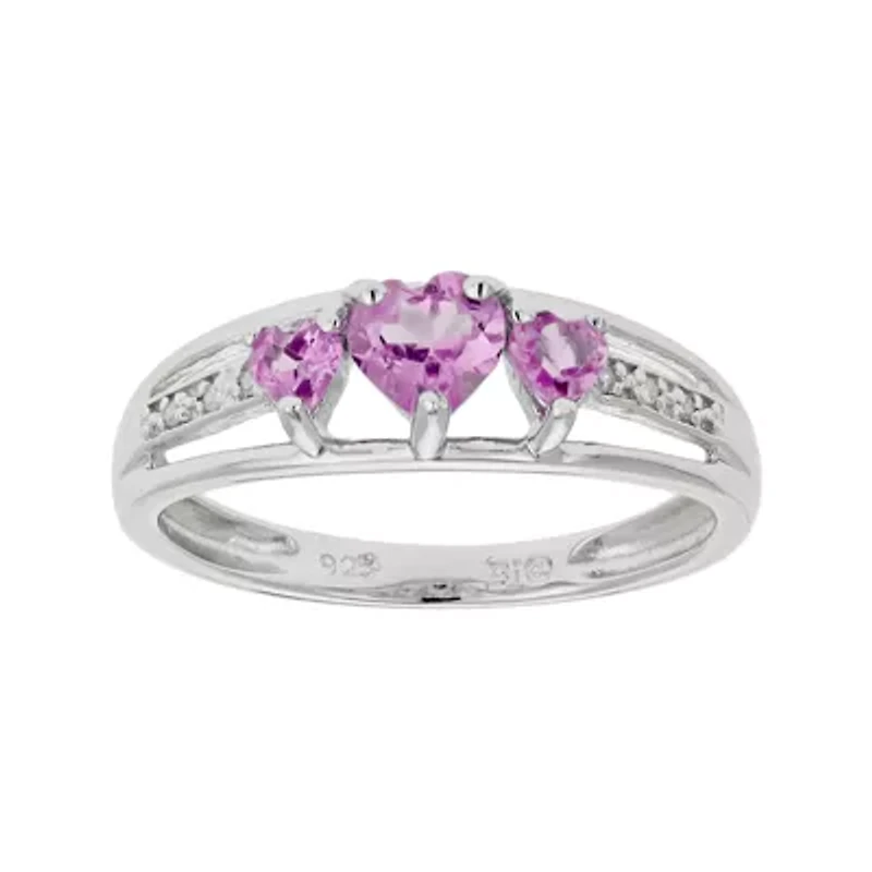 Lab-Created Pink Sapphire Heart-Shaped 3-Stone Sterling Silver Ring
