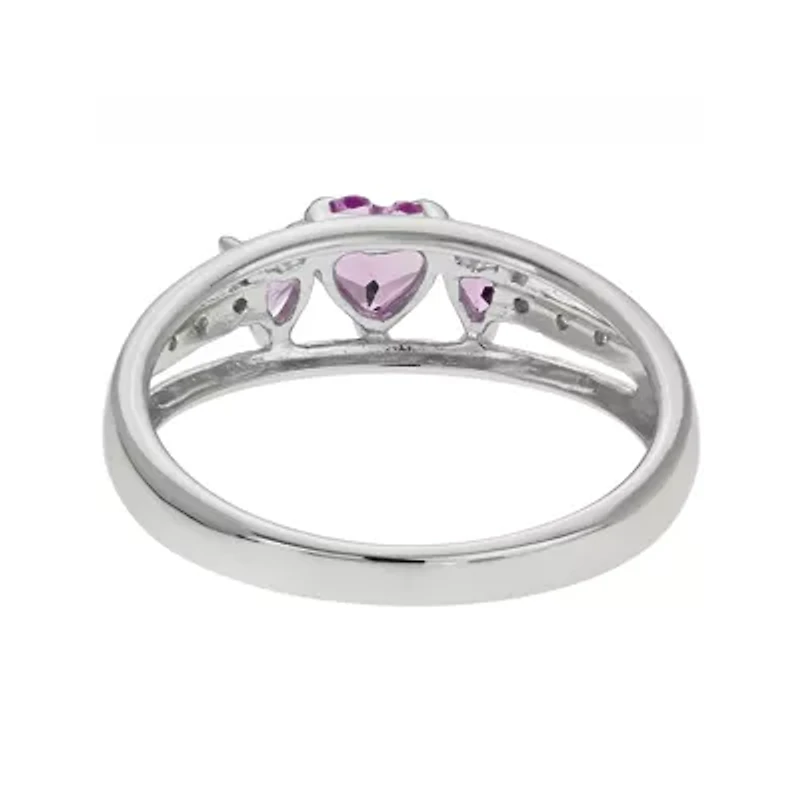 Lab-Created Pink Sapphire Heart-Shaped 3-Stone Sterling Silver Ring