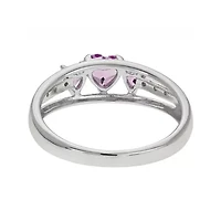 Lab-Created Pink Sapphire Heart-Shaped 3-Stone Sterling Silver Ring