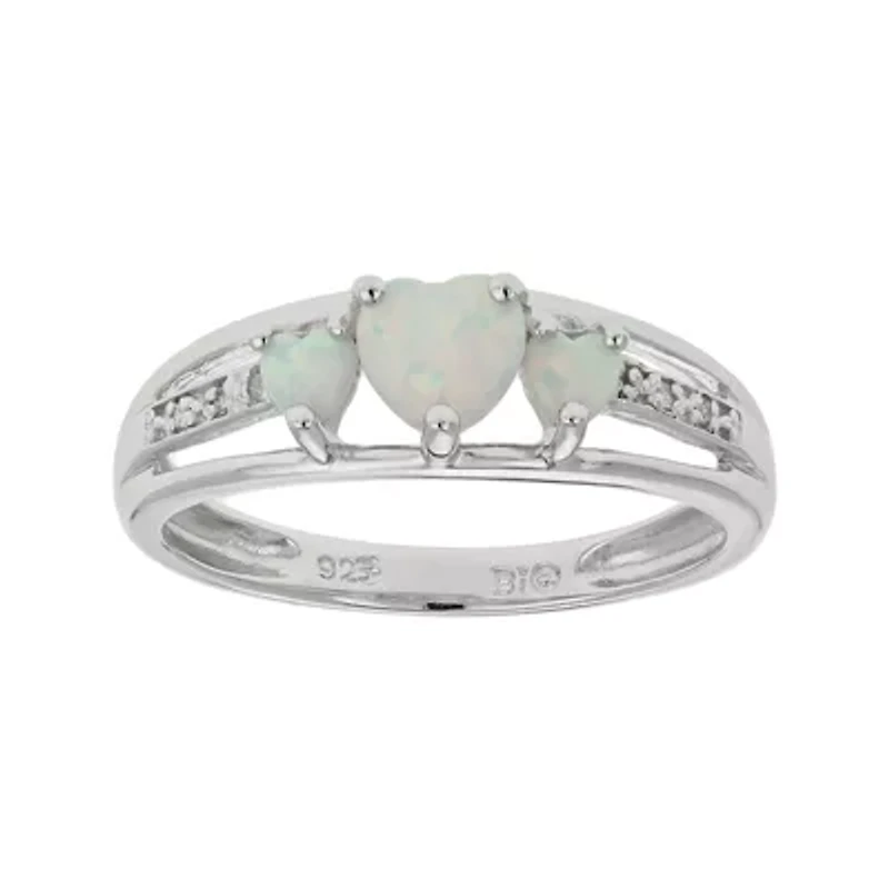 Lab-Created Opal & Diamond-Accent Heart-Shaped 3-Stone Sterling Silver Ring