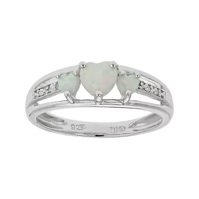 Lab-Created Opal & Diamond-Accent Heart-Shaped 3-Stone Sterling Silver Ring