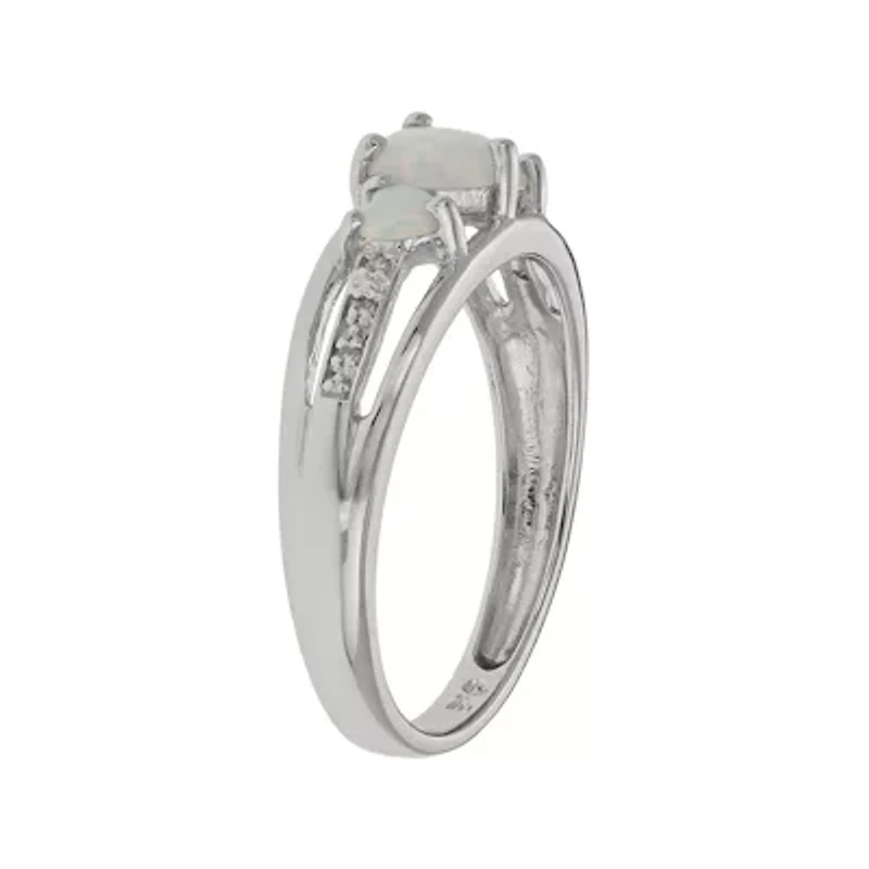 Lab-Created Opal & Diamond-Accent Heart-Shaped 3-Stone Sterling Silver Ring