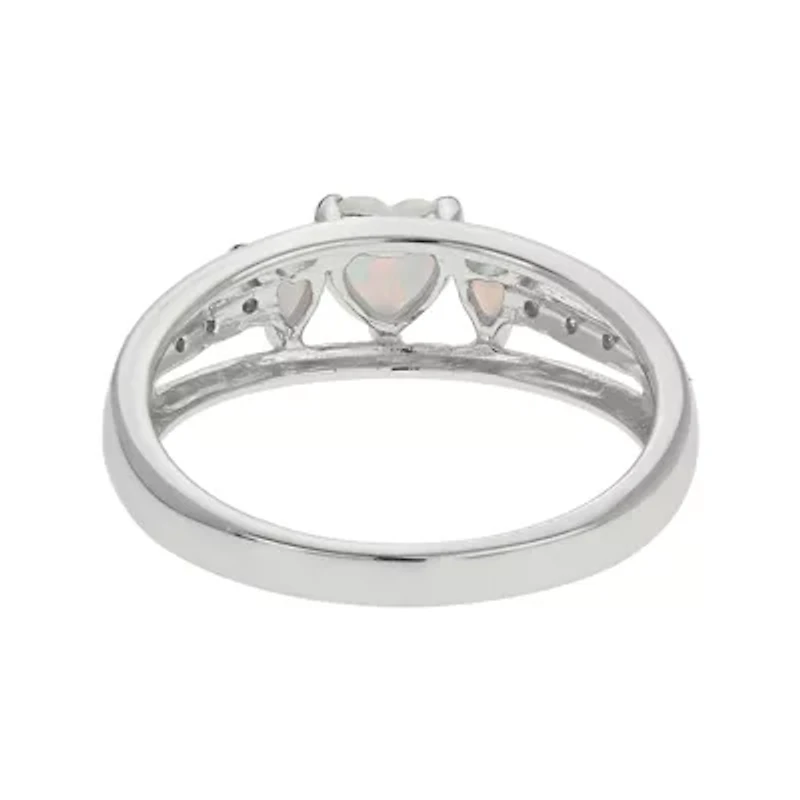 Lab-Created Opal & Diamond-Accent Heart-Shaped 3-Stone Sterling Silver Ring