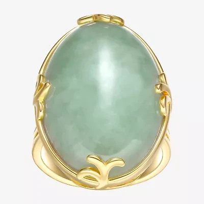 Womens Genuine Green Jade 18K Gold Over Silver Oval Cocktail Ring