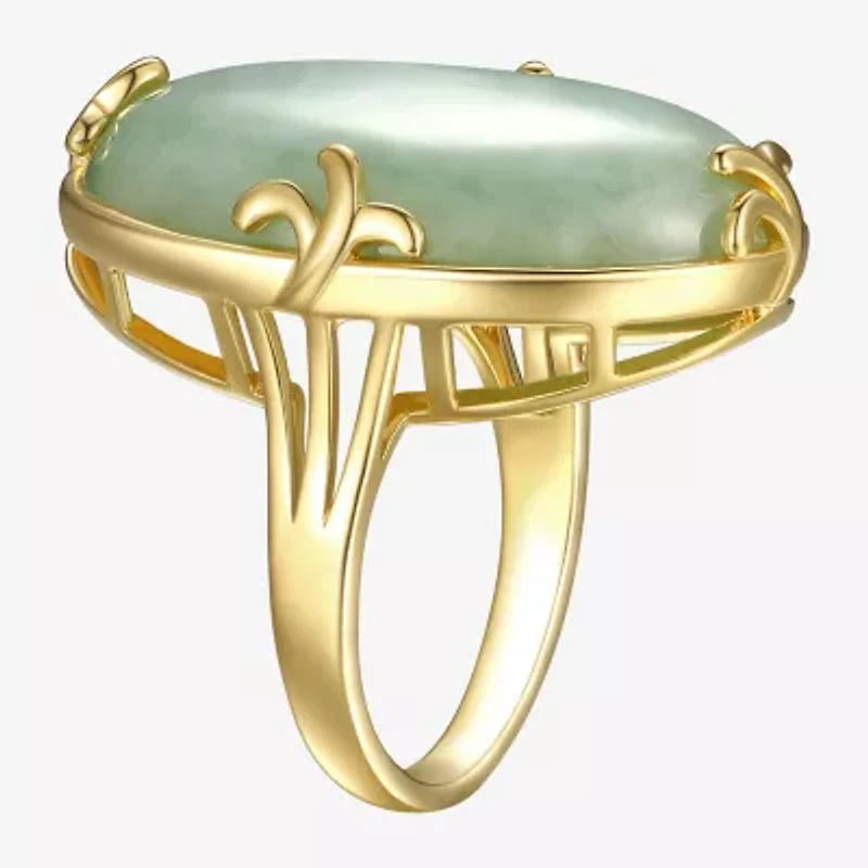 Womens Genuine Green Jade 18K Gold Over Silver Oval Cocktail Ring