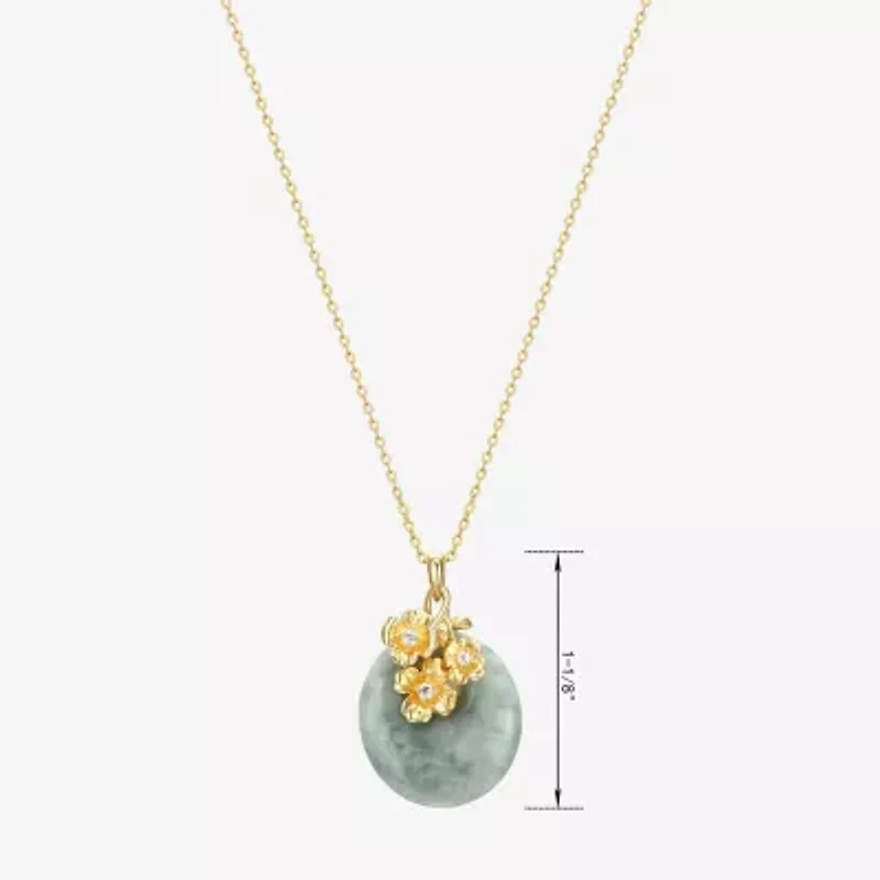 Womens Genuine Green Jade 18K Gold Over Silver Flower 18 Inch Pendant Necklace
