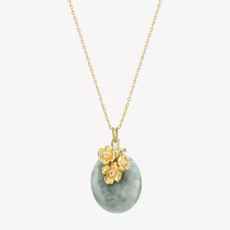 Womens Genuine Green Jade 18K Gold Over Silver Flower 18 Inch Pendant Necklace