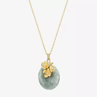 Womens Genuine Green Jade 18K Gold Over Silver Flower 18 Inch Pendant Necklace