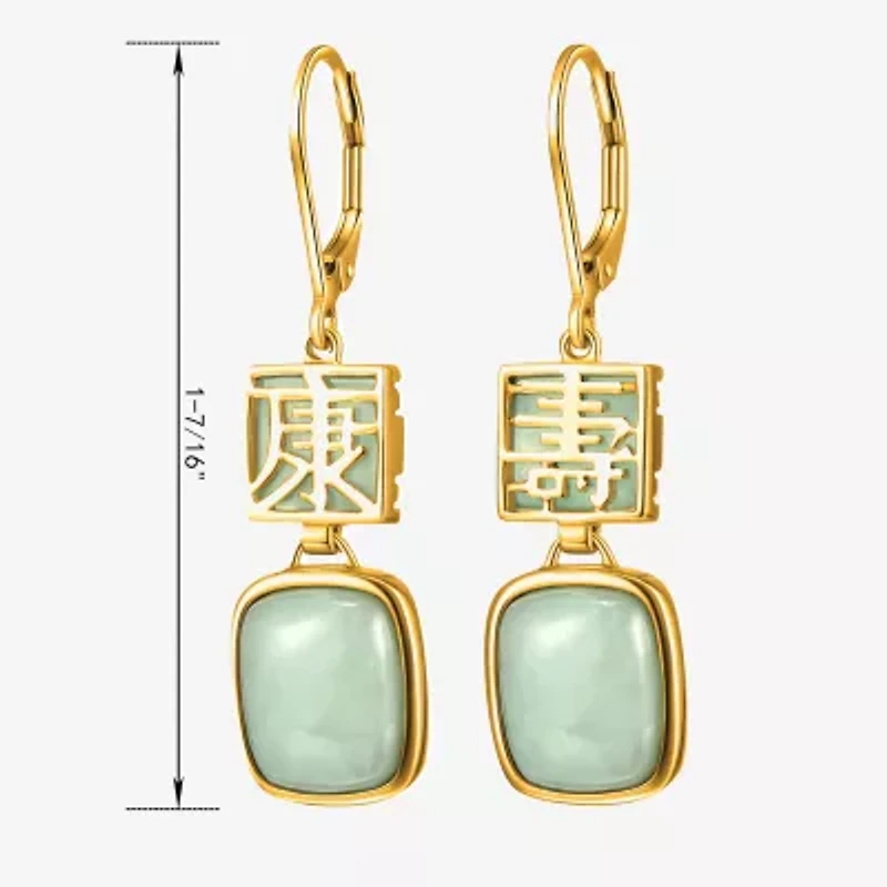 Longevity Womens Genuine Green Jade 18K Gold Over Silver Cushion Drop Earrings