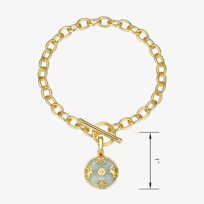 Good Fortune Womens Genuine Green Jade 18K Gold Over Silver Round Charm Bracelet