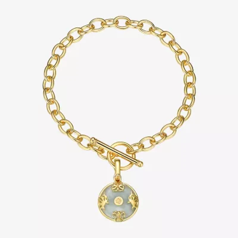 Good Fortune Womens Genuine Green Jade 18K Gold Over Silver Round Charm Bracelet