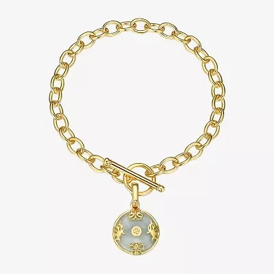 Good Fortune Womens Genuine Green Jade 18K Gold Over Silver Round Charm Bracelet