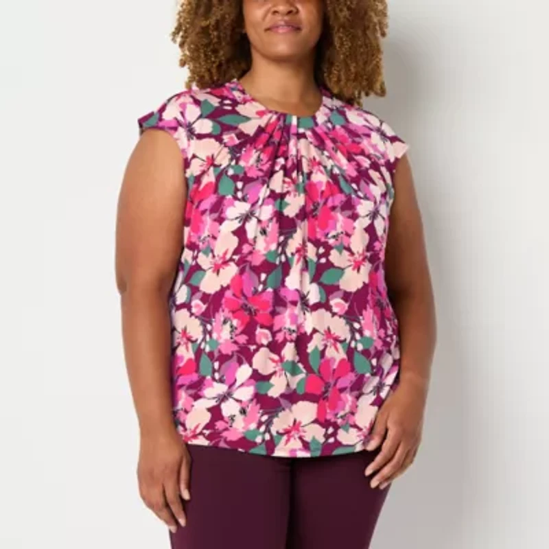 Liz Claiborne Womens Round Neck Sleeveless Plus Blouse