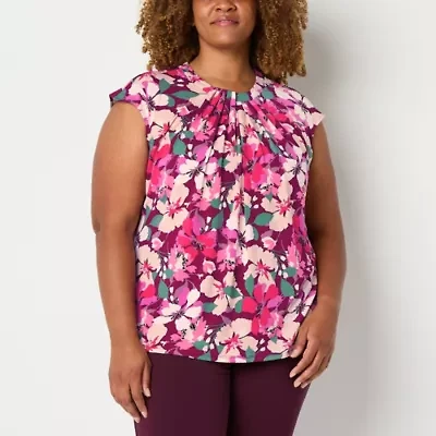 Liz Claiborne Womens Round Neck Sleeveless Plus Blouse