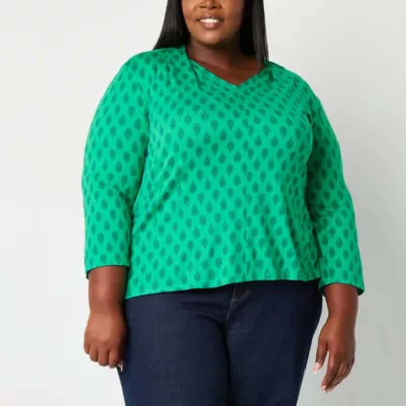 Liz Claiborne Womens V Neck 3/4 Sleeve Plus Blouse