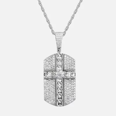 Mens White Cubic Zirconia Sterling Silver Cross Dog Tag 24 Inch Pendant Necklace