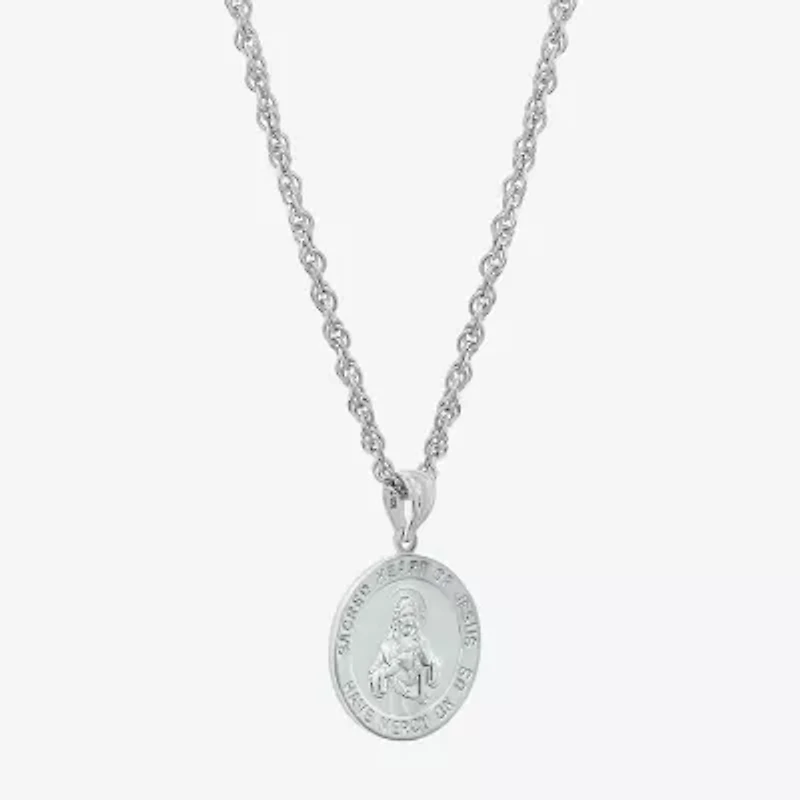Sacered Heart Of Jesus Mens Sterling Silver 24 Inch Pendant Necklace