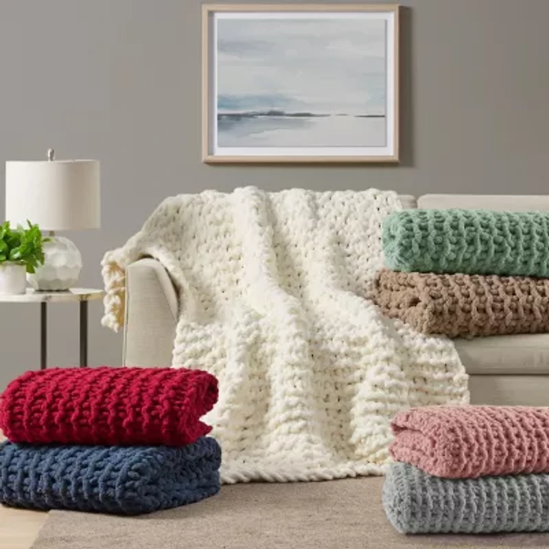 Madison Park Chenille Handmade Chunky Knit Lightweight Throw