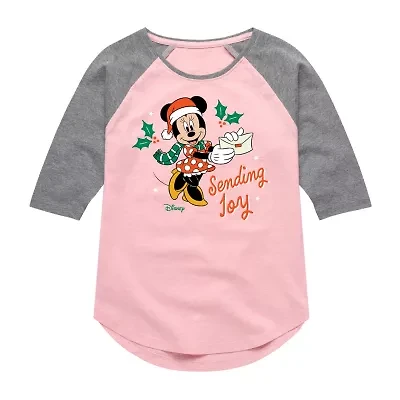 Disney Collection Girls Round Neck 3/4 Sleeve Minnie Mouse Graphic T-Shirt