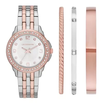 Liz Claiborne® Womens Crystal-Accent Two-Tone Watch and 3 Bangles