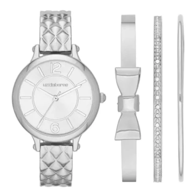 Liz Claiborne® Womens Silver-Tone Quilted Watch and 3 Bangles