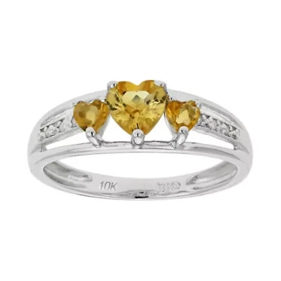 Genuine Citrine & Diamond-Accent Heart-Shaped 3-Stone 10K White Gold Ring
