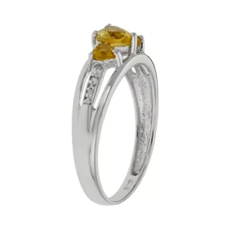 Genuine Citrine & Diamond-Accent Heart-Shaped 3-Stone 10K White Gold Ring