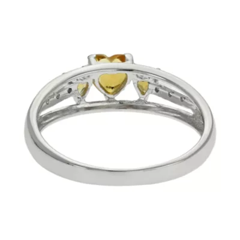 Genuine Citrine & Diamond-Accent Heart-Shaped 3-Stone 10K White Gold Ring