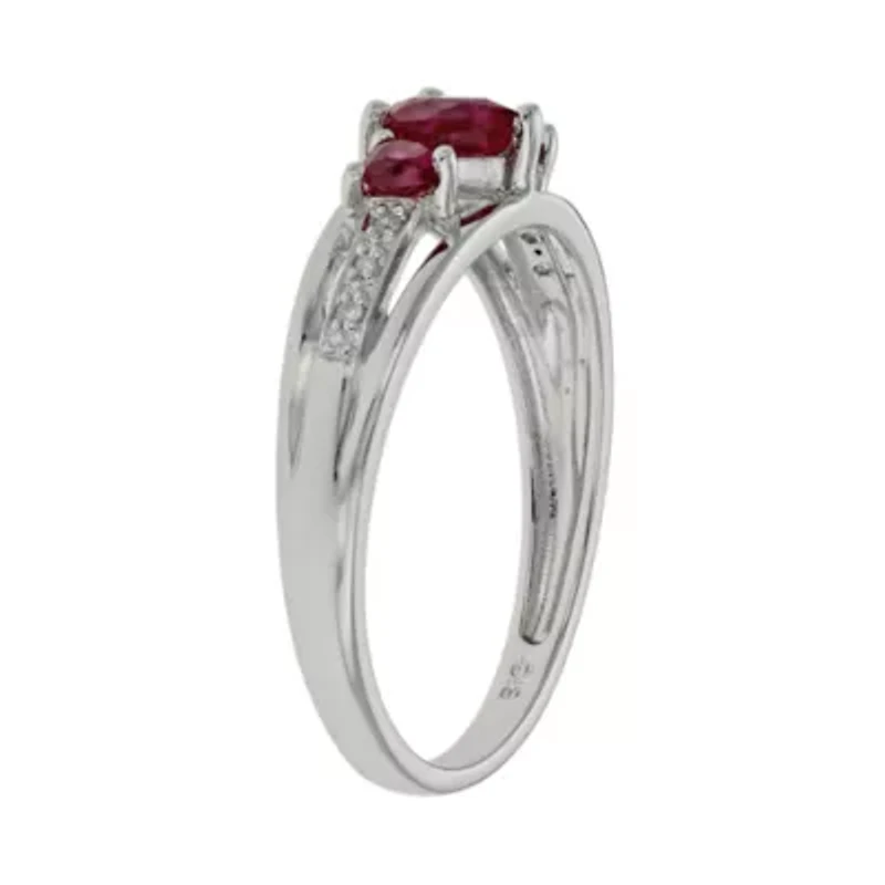 Lab-Created Ruby & Diamond-Accent Heart-Shaped 3-Stone 10K White Gold Ring