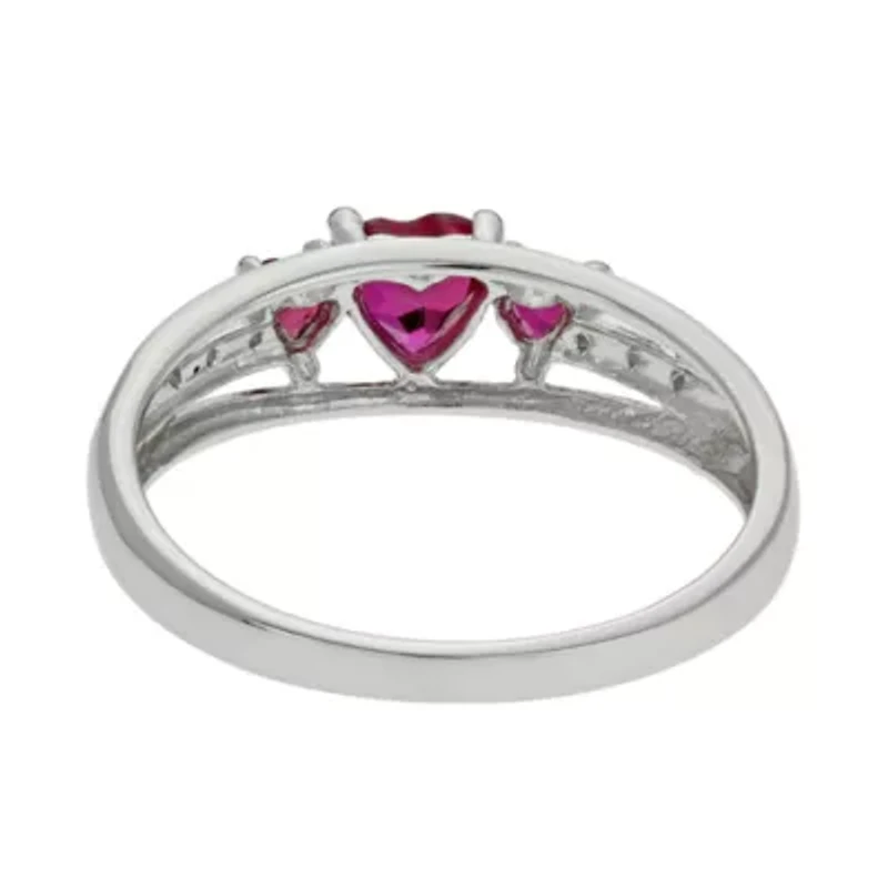 Lab-Created Ruby & Diamond-Accent Heart-Shaped 3-Stone 10K White Gold Ring