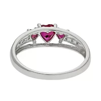 Lab-Created Ruby & Diamond-Accent Heart-Shaped 3-Stone 10K White Gold Ring