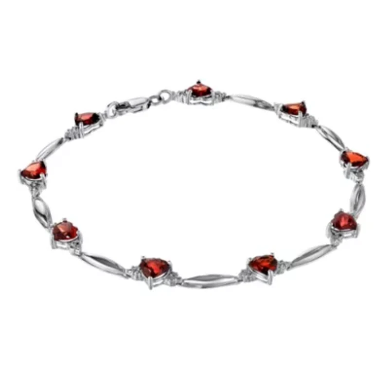 Genuine Garnet Heart-Shaped Sterling Silver Bracelet