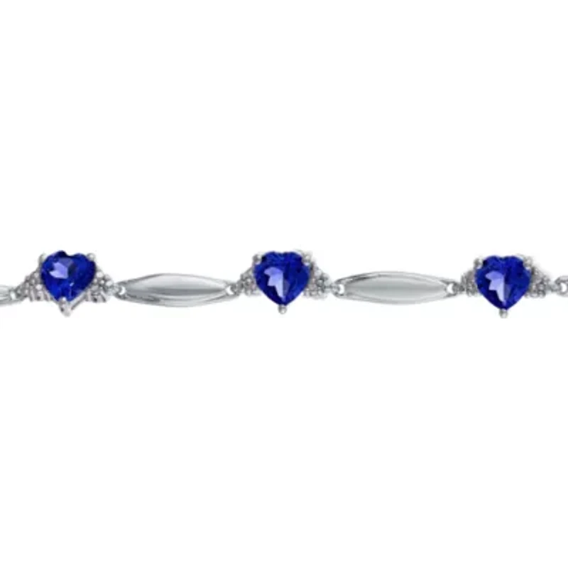 Lab-Created Blue Sapphire Heart-Shaped Sterling Silver Bracelet 