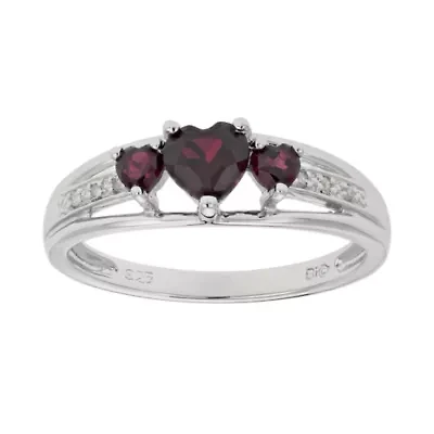 Genuine Garnet & Diamond-Accent Heart-Shaped 3-Stone Sterling Silver Ring