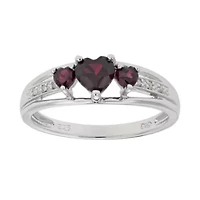 Genuine Garnet & Diamond-Accent Heart-Shaped 3-Stone Sterling Silver Ring