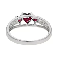 Genuine Garnet & Diamond-Accent Heart-Shaped 3-Stone Sterling Silver Ring