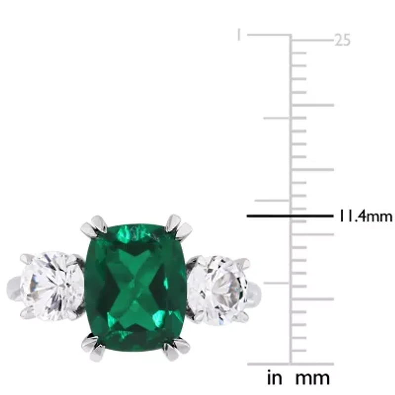 Womens Lab Created Green Emerald 10K White Gold 3-Stone Cocktail Ring