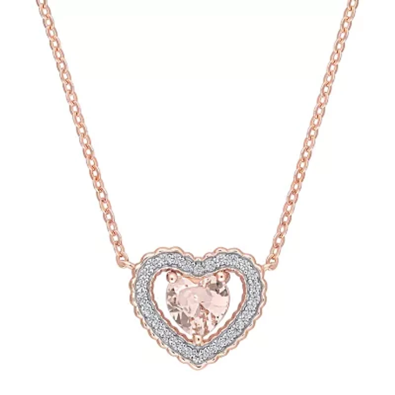 Womens Simulated Pink Morganite 18K Rose Gold Over Silver Heart 18 Inch Pendant Necklace