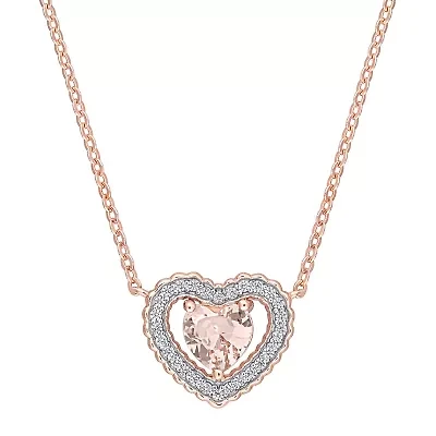Womens Simulated Pink Morganite 18K Rose Gold Over Silver Heart 18 Inch Pendant Necklace