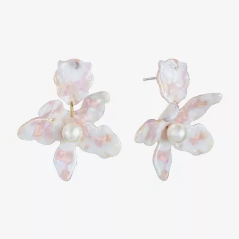 Bijoux Bar Gold Tone Womens Simulated Pearl Flower Hypoallergenic Drop Earrings