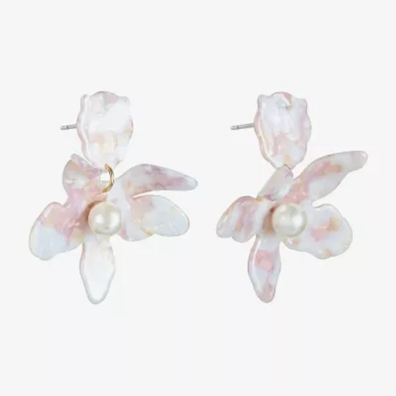 Bijoux Bar Gold Tone Womens Simulated Pearl Flower Hypoallergenic Drop Earrings