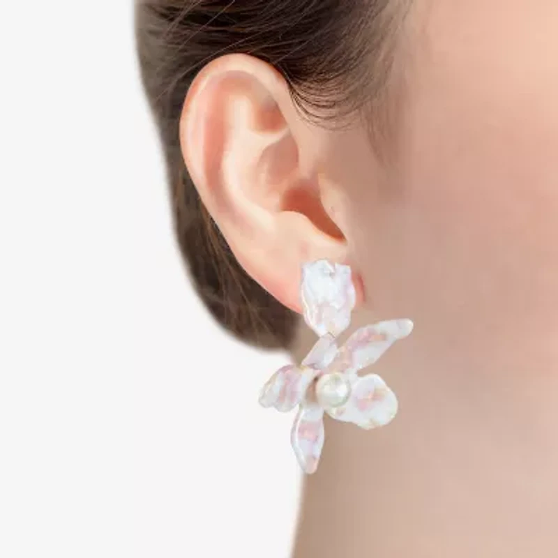 Bijoux Bar Gold Tone Womens Simulated Pearl Flower Hypoallergenic Drop Earrings