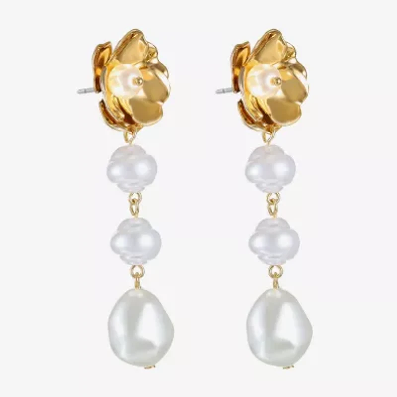 Bijoux Bar Gold Tone Womens Simulated Pearl Flower Hypoallergenic Drop Earrings