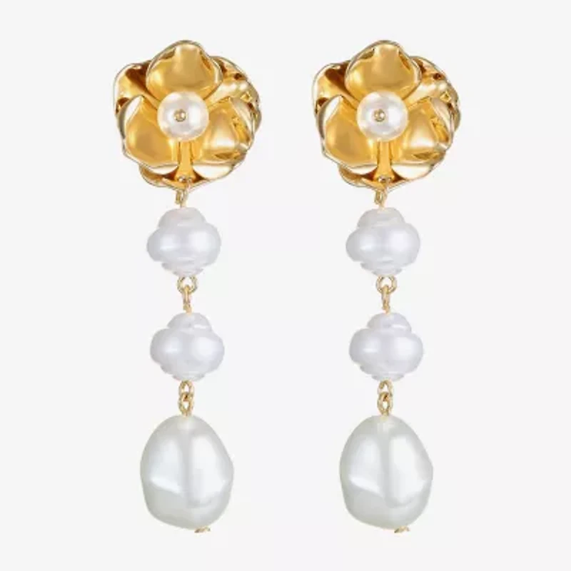 Bijoux Bar Gold Tone Womens Simulated Pearl Flower Hypoallergenic Drop Earrings